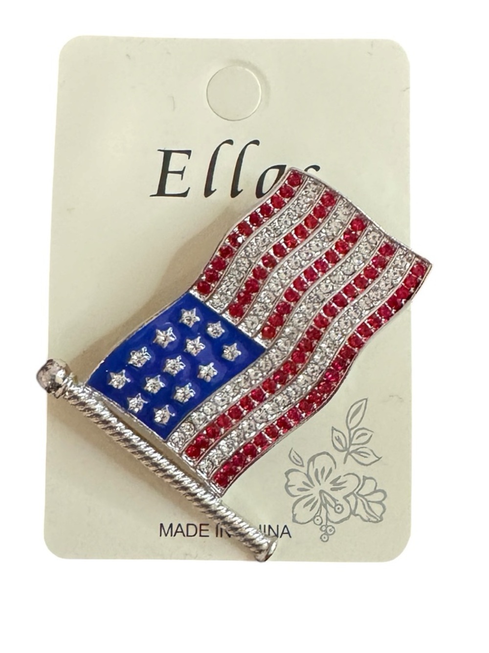 Ella American Flag Rhinestone Brooch – Patriotic Silver-Tone Enamel USA Flag Pin